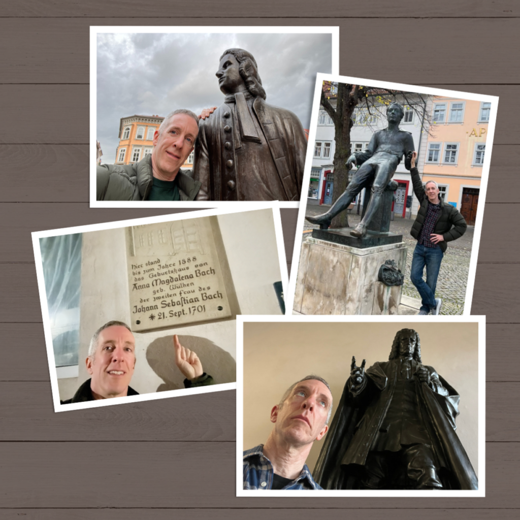 Photos of Miguel at different Bach monuments in Germany